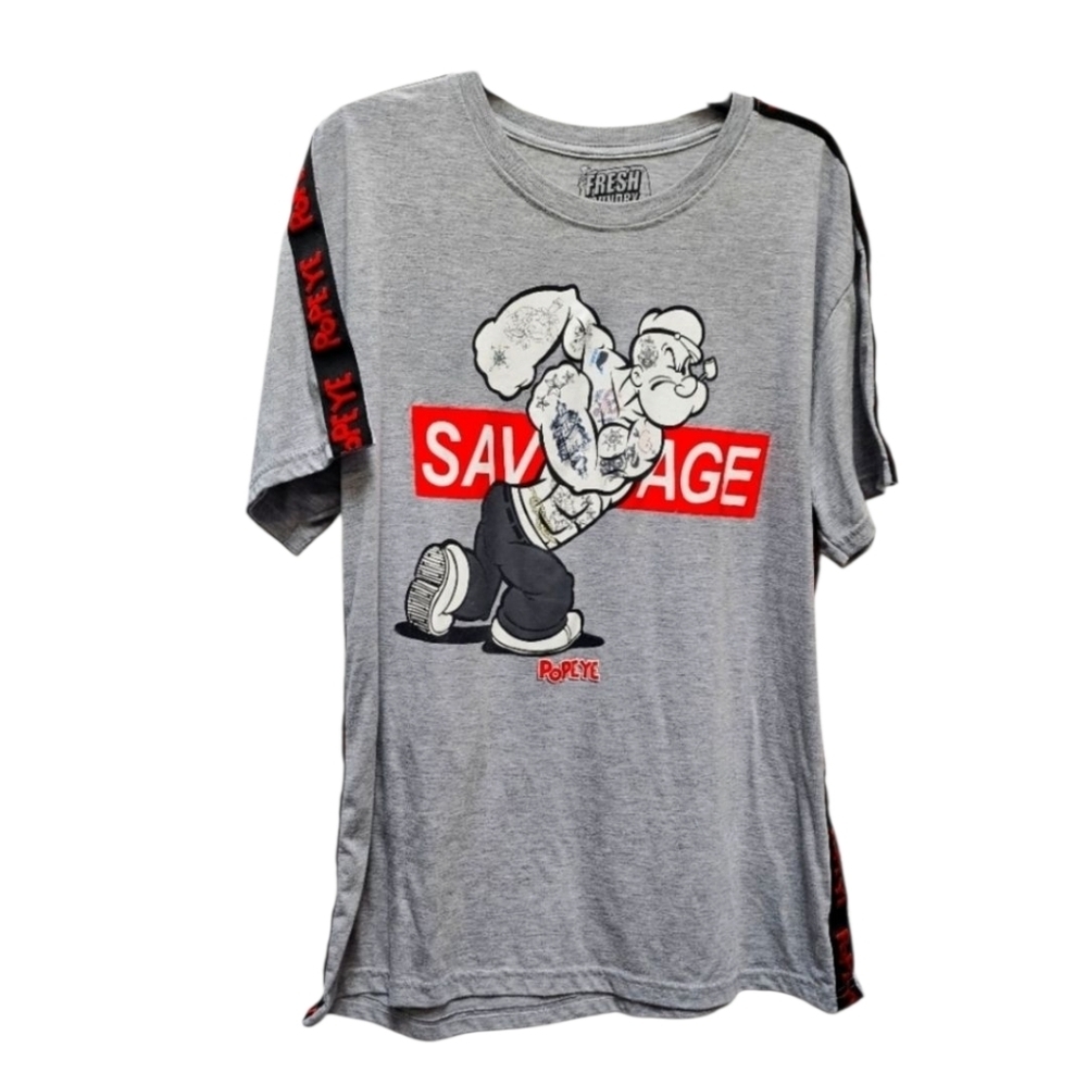 Fresh Laundry Savage Tattoo Popeye Gray Red Short Sleeve Graphic Tee Size XL